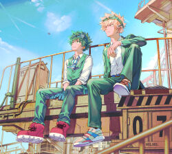 Rule 34 | 2boys, aircraft, airplane, alternate universe, arm on knee, arm rest, artist name, bakugou katsuki, balcony, belt, between legs, blonde hair, blue belt, blue sky, blue stripes, blurry, blurry background, blurry foreground, boku no hero academia, buttons, cable, closed mouth, cloud, collared shirt, contrail, crane (machine), cross-laced footwear, dated commentary, dress shirt, eyes visible through hair, film grain, fingernails, floating neckwear, foot dangle, freckles, frown, full body, goggles, goggles on head, green eyes, green hair, green jacket, green pants, green vest, hair between eyes, hand between legs, jacket, knee up, lapels, light, long sleeves, looking ahead, looking up, male focus, midoriya izuku, milmil (wa ten&#039;nendesu), multicolored footwear, multiple boys, necktie, notched lapels, object request, official alternate costume, open clothes, open collar, open jacket, outdoors, pants, pouch, railing, red eyes, red footwear, rust, sanpaku, shadow, shirt, shoe soles, shoes, short hair, side-by-side, sideways mouth, sign, sitting, sky, sleeves past elbows, sleeves rolled up, smile, sneakers, spiked hair, split mouth, striped necktie, sunlight, thigh pouch, thigh strap, v arms, vest, warning sign, white shirt, wing collar