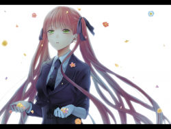 Rule 34 | 10s, 1girl, arcana famiglia, bad id, bad pixiv id, felicita, flower, formal, gloves, green eyes, hair ribbon, letterboxed, long hair, necktie, red hair, ribbon, shidomura, single glove, solo, suit, twintails, white background