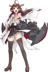 Rule 34 | 10s, 1girl, ahoge, bare shoulders, black thighhighs, blush, boots, brown hair, cannon, detached sleeves, double bun, frilled skirt, frills, full body, hair bun, hair ornament, hairband, headgear, high heels, japanese clothes, kantai collection, kongou (kancolle), kongou kai ni (kancolle), konishi (koconatu), long hair, nontraditional miko, official art, open mouth, personification, ribbon, ribbon-trimmed sleeves, ribbon trim, sash, skirt, smile, solo, thigh boots, thighhighs, transparent background, turret, zettai ryouiki