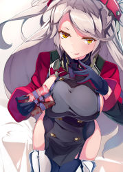 Rule 34 | 1girl, absurdres, antenna hair, armpit cutout, azur lane, blush, breasts, brown eyes, choker, clothing cutout, cross, garter straps, gift, hair between eyes, headgear, highres, holding, holding gift, iron cross, karakushi, large breasts, leotard, licking lips, long hair, looking at viewer, mole, mole on breast, multicolored hair, pelvic curtain, prinz eugen (azur lane), red hair, shrug (clothing), silver hair, simple background, smile, solo, streaked hair, thighhighs, tongue, tongue out, two side up, very long hair, white background