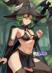 Rule 34 | 1girl, artist name, bikini, bikini top only, black bikini, black hat, black thighhighs, breasts, cape, cleavage, closed mouth, commentary, commission, english commentary, felielle, fingernails, forest, freckles, green cape, green eyes, green hair, hair between eyes, hat, high collar, holding, holding staff, lips, looking at viewer, medium breasts, nature, navel, outdoors, pelvic curtain, pink lips, red nails, short hair, smile, solo, staff, stomach, swimsuit, thighhighs, thighs, unicorn overlord, witch, witch hat, yahna (unicorn overlord)