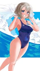 Rule 34 | 1girl, absurdres, bare legs, blue eyes, breasts, brown hair, ereka, highres, large breasts, legs, love live!, love live! sunshine!!, ocean, one-piece swimsuit, short hair, sky, smile, solo, swimsuit, thighs, watanabe you, water, wavy hair