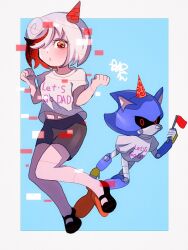 Rule 34 | 1girl, 1other, artist name, black footwear, black shorts, blush, cang she, clenched hand, english text, hat, hedgehog ears, looking at viewer, metal sonic, multicolored hair, party hat, raised eyebrows, red eyes, red flag, robot, sage (sonic), shirt, shoes, short sleeves, shorts, sidelocks, sonic (series), the murder of sonic the hedgehog, two-tone hair, white shirt