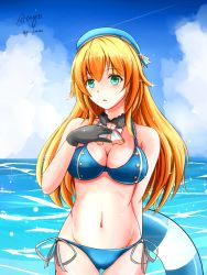 Rule 34 | 10s, 1girl, adapted costume, aqua eyes, atago (kancolle), beret, bikini, black gloves, blonde hair, blue bikini, blue sky, blush, breasts, cleavage, cloud, cloudy sky, cowboy shot, day, female focus, gloves, hand on own chest, hat, highres, innertube, kantai collection, large breasts, long hair, looking to the side, navel, outdoors, parted lips, saber-freedom, side-tie bikini bottom, signature, sky, solo, sparkle, swim ring, swimsuit, water