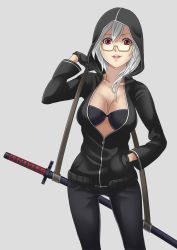 Rule 34 | 1girl, black gloves, bra, breasts, glasses, gloves, hand in pocket, highres, hood, hoodie, looking at viewer, open clothes, open shirt, original, red eyes, scabbard, seven (11), sheath, shirt, silver hair, smile, solo, sword, underwear, weapon