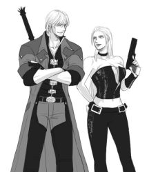 Rule 34 | 1boy, 1girl, breasts, cleavage, dante (devil may cry), devil may cry (series), devil may cry 4, large breasts, long hair, monochrome, simple background, trish (devil may cry), weapon, white background