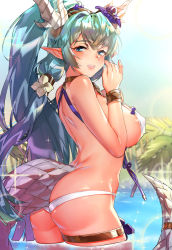 Rule 34 | 1girl, aqua nails, arched back, ass, bare shoulders, bikini, blue eyes, blue hair, blush, bracer, breasts, butt crack, covered erect nipples, day, dragon girl, dragon horns, dragon tail, from side, hair ornament, halterneck, highres, horns, king&#039;s raid, laias (king&#039;s raid), large breasts, long hair, looking at viewer, lowleg, lowleg bikini, multi-tied hair, nail polish, naso4, o-ring, open mouth, outdoors, palm tree, pointy ears, ponytail, round teeth, shoulder blades, sideboob, sidelocks, smile, solo, sparkle, swimsuit, tail, teeth, thighlet, tree, upper teeth only, very long hair, wading, water