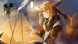Rule 34 | 1girl, animal ear fluff, animal ears, arknights, black gloves, black scarf, blonde hair, blush, closed eyes, cloud, commentary request, cooking, fingerless gloves, fox ears, fox girl, fox tail, gloves, hellnyaa, highres, holding, holding pot, kitsune, kyuubi, multiple tails, official alternate costume, pot, red ribbon, ribbon, scarf, sky, smile, solo, stove, suzuran (arknights), suzuran (lostlands flowering) (arknights), tail, upper body