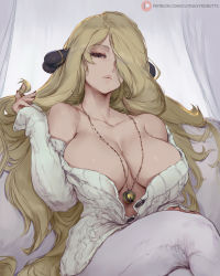 Rule 34 | 1girl, arm up, artist name, blonde hair, breasts, cleavage, creatures (company), crossed legs, curvy, cutesexyrobutts, cynthia (pokemon), day, game freak, hair ornament, hair over one eye, hand in own hair, highres, jewelry, large breasts, long hair, looking at viewer, nail polish, necklace, nintendo, pokemon, pokemon dppt, sitting, solo, thick thighs, thighs, very long hair, watermark, web address, wide hips