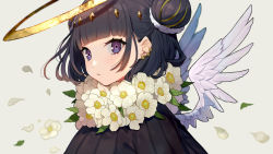 Rule 34 | 1girl, angel, angel wings, black hair, closed mouth, commentary request, double bun, earrings, feathered wings, flower, flower earrings, grey background, hair bun, halo, jewelry, looking at viewer, official art, original, petals, purple eyes, simple background, solo, upper body, white flower, white wings, wings, yuu (higashi no penguin)