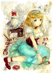 Rule 34 | 1girl, alice margatroid, alice margatroid (pc-98), ankleband, apron, bad id, bad pixiv id, blonde hair, blue dress, blue eyes, book, bow, breasts, capelet, choker, collarbone, corset, dress, flower, frilled dress, frilled shirt, frills, hairband, jar, keiko (mitakarawa), large bow, light smile, maid apron, mannequin, needle, open book, puffy short sleeves, puffy sleeves, scissors, sewing machine, sewing needle, shirt, short hair, short sleeves, sitting, solo, symbol, thread, touhou, touhou (pc-98), wariza, wrist cuffs
