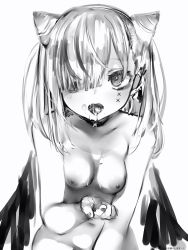 Rule 34 | 1girl, amane lilia, bad id, bad twitter id, breasts, choker, completely nude, cum, cum in mouth, cum on hands, earrings, facial, greyscale, hair horns, hair over one eye, highres, indie virtual youtuber, jewelry, looking at viewer, medium breasts, medium hair, monochrome, nanashi (nlo), navel, nipples, nude, open mouth, simple background, solo, virtual youtuber, white background, wings