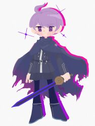 Rule 34 | 1boy, ahoge, belt, black belt, blue cape, blush, boots, cape, closed mouth, commentary request, drop shadow, full body, grey jacket, grey shorts, highres, holding, holding sword, holding weapon, jacket, long sleeves, looking at viewer, male focus, master detective archives: rain code, no lineart, purple eyes, purple hair, short hair, shorts, simple background, solo, sparkle, standing, sword, torn cape, torn clothes, weapon, white background, yuma kokohead, zuzu ushi