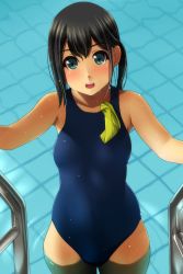 Rule 34 | 1girl, aqua eyes, black hair, blush, collarbone, highres, long hair, looking at viewer, matsunaga kouyou, object in clothes, object in swimsuit, one-piece swimsuit, open mouth, original, partially submerged, ponytail, pool, solo, swimsuit, tareme, wading
