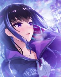 Rule 34 | artist request, black hair, blush, breasts, city, forcas, gloves, hand on own chest, jewelry, medium breasts, multicolored hair, necklace, official art, open mouth, phantom of the kill, purple eyes, smile, solo, two-tone hair, white gloves