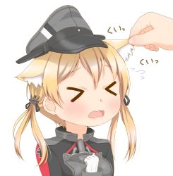 Rule 34 | &gt; &lt;, 10s, 1girl, anchor hair ornament, animal ears, blonde hair, blue eyes, blush, closed eyes, grabbing another&#039;s ear, gloves, hair ornament, hand on another&#039;s ear, hat, highres, kantai collection, kyounami, long hair, military, military uniform, open mouth, out of frame, peaked cap, prinz eugen (kancolle), solo focus, twintails, uniform, wavy mouth