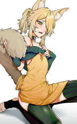 Rule 34 | 1boy, absurdres, androgynous, animal ears, bare shoulders, black collar, blonde hair, blush, collar, crossdressing, dress, fox ears, fox tail, gloves, green eyes, green gloves, hair over one eye, hand up, highres, holding tail, off-shoulder dress, off shoulder, open mouth, original, simple background, sitting, skindentation, solo, st (youx1119), striped clothes, striped thighhighs, tail, thighhighs, toeless legwear, vertical-striped clothes, vertical-striped thighhighs, white background