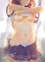 Rule 34 | 1girl, areola slip, armpits, arms up, blurry, breasts, brown hair, clothes lift, clothes pull, cowboy shot, dated, depth of field, groin, head out of frame, highres, lifted by self, long hair, medium breasts, navel, no bra, original, panties, pleated skirt, school uniform, shirt lift, side-tie panties, signature, skirt, skirt pull, solo, stomach, striped clothes, striped panties, sunlight, underboob, underwear, undressing, wudi sao nian