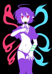 Rule 34 | 1girl, asymmetrical wings, black background, condom, condom in mouth, female focus, hemogurobin a1c, hemogurobina1c, houjuu nue, mouth hold, navel, panties, panty pull, purple hair, red eyes, simple background, smile, solo, thighhighs, touhou, underwear, wings