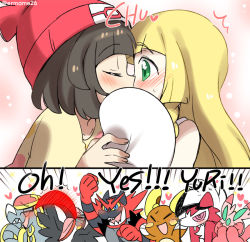 Rule 34 | &gt; &lt;, 2girls, :d, alolan form, alolan raichu, beanie, blonde hair, blue eyes, blush, brown hair, closed eyes, commentary request, covering own eyes, covering own mouth, creatures (company), drooling, english text, eromame, fist pump, game freak, gen 7 pokemon, green eyes, hat, heart, hime cut, implied kiss, incineroar, kommo-o, lillie (pokemon), long hair, lurantis, lycanroc, lycanroc (midnight), multiple girls, nintendo, open mouth, orchid mantis, own hands clasped, own hands together, pokemon, pokemon (creature), pokemon sm, praying mantis, selene (pokemon), short hair, smile, sound effects, surprised, toucannon, xd, yuri