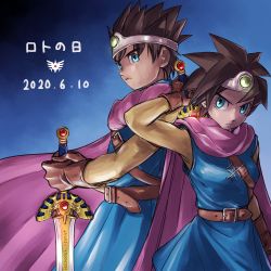 Rule 34 | 1boy, 1girl, absurdres, arm up, belt, black hair, blue eyes, cape, circlet, dragon quest, dragon quest iii, earrings, frown, gloves, gradient background, highres, jewelry, looking at viewer, pekuchin (pekuchin 3), roto (dq3), serious, short hair, sketch, spiked hair, sword, sword behind back, tunic, weapon, weapon on back