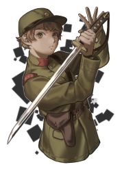 Rule 34 | 1boy, absurdres, bad id, bad pixiv id, belt, brown gloves, brown hair, flat cap, gloves, green eyes, green hat, green jacket, hands up, hat, high collar, highres, holding, holding sword, holding weapon, holster, imperial japanese army, jacket, katana, looking at viewer, male focus, military, military hat, military jacket, military uniform, original, parted lips, revision, sam browne belt, short hair, signature, simple background, soldier, solo, sword, tsukino miyako, uniform, upper body, weapon, world war ii