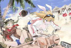 Rule 34 | 5girls, animal ears, black eyes, black hair, blonde hair, breasts, brown hair, charlotte e. yeager, cleavage, desert, driving, francesca lucchini, goggles, goggles on head, green eyes, grin, gun, hanna-justina marseille, head wings, helmet, highres, inagaki mami, jacket, japanese clothes, katou keiko, long hair, luftwaffe, machine gun, mg 34, motor vehicle, motorcycle, motorcycle helmet, multiple girls, palm tree, puuakachan, rabbit ears, rabbit girl, scarf, short hair, smile, strike witches, tail, tree, twintails, uniform, vehicle, weapon, wehrmacht, wings, witches of africa, world witches series