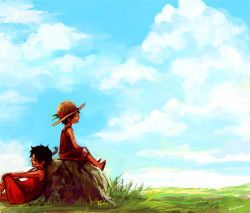 Rule 34 | 2boys, blue sky, brothers, child, cloud, day, east blue, grass, hat, lowres, male focus, monkey d. luffy, multiple boys, nature, one piece, outdoors, portgas d. ace, sandals, shueisha, siblings, sitting, sky, straw hat, aged down