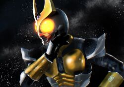 Rule 34 | 1boy, agito (ground form), armor, black background, breastplate, commentary request, compound eyes, facing ahead, gauntlets, glowing, glowing eyes, gold armor, gold horns, hand up, kamen rider, kamen rider agito, kamen rider agito (series), kouta decade, light particles, mask, shoulder armor, simple background, tokusatsu, upper body, yellow eyes