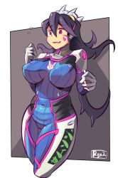 Rule 34 | 1girl, animal print, artist name, black hair, blue bodysuit, blush, bodysuit, bracer, breasts, cameltoe, cosplay, covered erect nipples, covered navel, cowboy shot, curvy, d.va (overwatch), d.va (overwatch) (cosplay), facepaint, facial mark, filia (skullgirls), gloves, high collar, highres, large breasts, long hair, looking at viewer, open mouth, overwatch, overwatch 1, pilot suit, prehensile hair, purple hair, rabbit print, red eyes, ribbed bodysuit, ryuji (red-truth), samson (skullgirls), skin tight, skullgirls, solo, sweatdrop, thick thighs, thighs, wavy mouth, whisker markings, wide hips