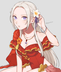Rule 34 | 1girl, breasts, cape, collarbone, commentary request, covered navel, edelgard von hresvelg, fire emblem, fire emblem: three houses, fire emblem heroes, flower, forehead, frilled one-piece swimsuit, frilled swimsuit, frills, grey background, hair flower, hair ornament, hair ribbon, highres, long hair, looking at viewer, medium breasts, nintendo, official alternate costume, one-piece swimsuit, parted lips, peach11 01, purple eyes, purple ribbon, red cape, red one-piece swimsuit, ribbon, simple background, sitting, solo, swimsuit, twitter username, white flower, white hair