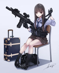 Rule 34 | 1girl, assault rifle, black socks, brown eyes, brown hair, chair, commentary, english commentary, fn scar, full body, gloves, gun, highres, holding, holding gun, holding weapon, kneehighs, koh (minagi kou), load bearing equipment, loafers, long hair, luggage, necktie, original, rifle, school chair, school uniform, shoes, signature, simple background, sitting, socks, solo, weapon