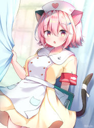Rule 34 | 1girl, alternate costume, anchor, animal ears, animal print, apron, arm behind back, blush, breasts, buttons, cat ears, cat girl, cat print, cat tail, clipboard, commentary request, curtains, fang, hair ornament, hairclip, hat, heart, heart print, highres, indoors, kantai collection, kemonomimi mode, masayo (gin no ame), medium breasts, nurse, nurse cap, open mouth, pink hair, short hair, short sleeves, solo, syringe, tail, tama (kancolle), tama kai ni (kancolle)