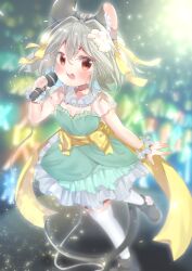 Rule 34 | 1girl, :d, absurdres, alternate costume, animal ears, ashino chimado, black footwear, blurry, blurry background, commentary, dress, flower, full body, green dress, grey hair, hair flower, hair ornament, highres, idol, light particles, looking at viewer, mouse ears, mouse girl, mouse tail, nazrin, open mouth, red eyes, short hair, smile, solo, tail, teeth, thighhighs, touhou, upper teeth only, white flower, white thighhighs