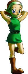 Rule 34 | 1girl, armpits, arms up, blue eyes, boots, brown hair, headband, highres, kokiri, nintendo, official art, pointy ears, redheaded kokiri girl, the legend of zelda