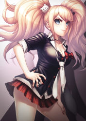 Rule 34 | 1girl, bear hair ornament, black background, black choker, black necktie, blonde hair, blue eyes, bow, breasts, choker, cleavage, commentary request, contrapposto, danganronpa: trigger happy havoc, danganronpa (series), enoshima junko, from side, gradient background, gradient hair, grey background, hair ornament, hand on own hip, hand on thigh, highres, large breasts, long hair, looking at viewer, miniskirt, multicolored hair, nail polish, necktie, plaid, plaid skirt, red bow, shirt, skirt, sleeves rolled up, smile, solo, taba neruko, twintails, two-tone background, white necktie