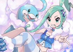 Rule 34 | 1girl, altaria, arm warmers, blue choker, blush, choker, collarbone, creatures (company), earrings, eyelashes, fu (tk1189227dhy), game freak, gen 3 pokemon, green eyes, green hair, hair ornament, jewelry, lisia (pokemon), looking at viewer, navel, nintendo, pokemon, pokemon (creature), pokemon oras, showgirl skirt, single thighhigh, smile, sparkle, striped clothes, striped thighhighs, teeth, thighhighs
