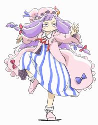 Rule 34 | 1girl, blush, bored, bow, crescent, crescent hat ornament, dress, female focus, fighting stance, hair bow, hat, hat ornament, long hair, multiple hair bows, ohyo, patchouli knowledge, purple hair, ribbon, robe, sketch, solo, standing, standing on one leg, touhou
