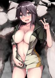 Rule 34 | 1girl, 2boys, absurdres, areola slip, blush, body hair, breasts, brown eyes, brown hair, cleavage, clothed female nude male, commentary request, cum, green jacket, hair between eyes, halterneck, hayasui (kancolle), height difference, highres, implied after sex, jacket, kantai collection, kuromayu, large breasts, looking at viewer, multiple boys, naked jacket, nude, open clothes, open jacket, open mouth, partially unzipped, short hair, size difference, tears, v, white background