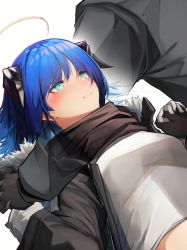 Rule 34 | 1girl, 1other, absurdres, aqua eyes, arknights, bad id, bad twitter id, black gloves, black jacket, blue hair, blush, breasts, closed mouth, doctor (arknights), gloves, halo, highres, holding, holding hands, horns, interlocked fingers, jacket, long hair, long sleeves, looking at another, lying, medium breasts, mostima (arknights), on back, open clothes, open jacket, shirt, simple background, solo focus, tab head, upper body, white background, white shirt, x-ray