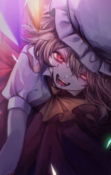 Rule 34 | 1girl, ascot, blonde hair, blood, blood on face, flandre scarlet, glowing, glowing eyes, glowing wings, hat, hat ribbon, highres, looking at viewer, medium hair, mob cap, multicolored wings, open mouth, puffy short sleeves, puffy sleeves, red eyes, red ribbon, red skirt, red vest, ribbon, shi wo 3, shirt, short sleeves, skirt, skirt set, solo, teeth, touhou, vest, white hat, white shirt, wings, yellow ascot