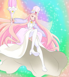 Rule 34 | 10s, 1girl, bishie sparkle, boots, earrings, fairy wings, full body, haruyama kazunori, hat, jewelry, kirakira precure a la mode, long hair, long sleeves, looking down, multicolored background, pink hair, precure, red eyes, solo, sparkle, sparkle background, staff, star (symbol), star earrings, thigh boots, thighhighs, very long hair, white footwear, white thighhighs, wings