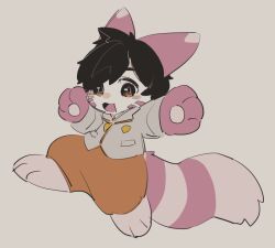 Rule 34 | 1boy, ahoge, alternate color, animal, animal ears, animal paws, arms up, black eyes, black hair, body fur, brown eyes, collared shirt, commentary request, creatures (company), facial mark, fewer digits, florian (pokemon), full body, furret, game freak, gen 2 pokemon, grey jacket, in air, jacket, kemonomimi mode, light blush, looking at viewer, lunchbox (artist), male focus, midair, multicolored fur, necktie, nintendo, open mouth, orange necktie, orange pants, pants, paw print, pawpads, pink fur, pokemon, pokemon (creature), pokemon sv, purple fur, shiny pokemon, shirt, short hair, shorts, simple background, smile, tail, two-tone eyes, whisker markings, white background, white shirt