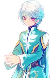 Rule 34 | 10s, 1boy, albino, bad id, bad pixiv id, bishounen, cape, expressionless, male focus, mikleo (tales), miyu (matsunohara), red eyes, shirt, solo, tales of (series), tales of zestiria, white background, white hair