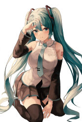Rule 34 | 1girl, absurdres, arm up, bare shoulders, bekso, between legs, black footwear, black skirt, black sleeves, blue eyes, blue hair, blue necktie, blush, boots, breasts, closed mouth, collared shirt, commentary, detached sleeves, hand between legs, hatsune miku, highres, large breasts, long hair, long sleeves, necktie, pleated skirt, seiza, shirt, simple background, sitting, skirt, sleeveless, sleeveless shirt, smile, solo, thigh boots, tie clip, twintails, very long hair, vocaloid, white background, white shirt, wide sleeves