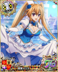 Rule 34 | 1girl, ahoge, blue flower, blue rose, breasts, brown hair, card (medium), chess piece, cleavage, clothes lift, covered navel, day, dress, dress lift, elbow gloves, feet out of frame, flower, gloves, hair flower, hair ornament, high school dxd, high school dxd pi, large breasts, lifting own clothes, long hair, looking at viewer, official art, open mouth, outdoors, purple eyes, rook (chess), rose, shidou irina, short sleeves, solo, sun, thighhighs, tongue, twintails