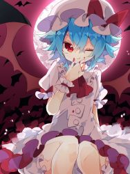 Rule 34 | 1girl, ;t, ascot, blood, blood on face, blood on hands, blue hair, bow, buttons, commentary, dress, feet out of frame, frilled dress, frills, hair between eyes, hat, hat bow, highres, looking at viewer, mob cap, nail polish, nikorashi-ka, one-hour drawing challenge, puffy short sleeves, puffy sleeves, red ascot, red bow, red eyes, red nails, remilia scarlet, short hair, short sleeves, sitting, solo, touhou, white dress, white hat, wrist cuffs