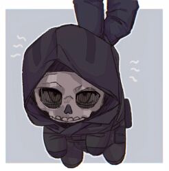 Rule 34 | 1boy, black gloves, black jacket, black pants, call of duty, call of duty: modern warfare 2, chibi, ghost (modern warfare 2), gloves, holding, hood, hood up, hooded jacket, jacket, looking at viewer, male focus, mask, pants, simple background, skull mask, yqqqqa