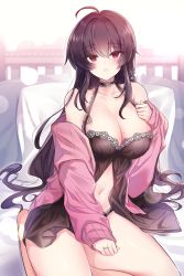 Rule 34 | 1girl, ahoge, babydoll, blush, breasts, brown hair, cardigan, choker, cleavage, come hither, hair between eyes, highres, iris yuma, jewelry, lace, lace choker, large breasts, long hair, looking at viewer, maett, mole, mole on breast, navel, open clothes, panties, parted lips, pillow, red eyes, ring, sitting, solo, soulworker, underwear, very long hair