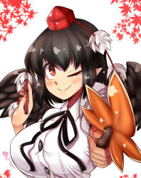 Rule 34 | 1girl, absurdres, autumn leaves, black hair, black neckwear, black ribbon, black wings, blush, breasts, hat, highres, large breasts, leaf, looking at viewer, maple leaf, norori, one eye closed, pointy ears, pom pom (clothes), red eyes, ribbon, shameimaru aya, shirt, short hair, smile, solo, tokin hat, touhou, upper body, white shirt, wings